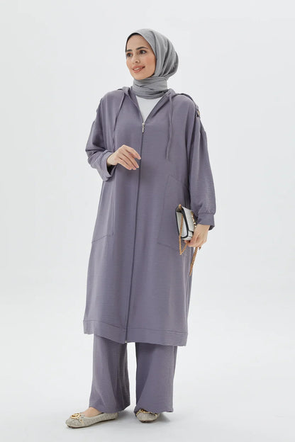 Gray Zippered Full Abaya Set Modest Long Hooded Tunic Set