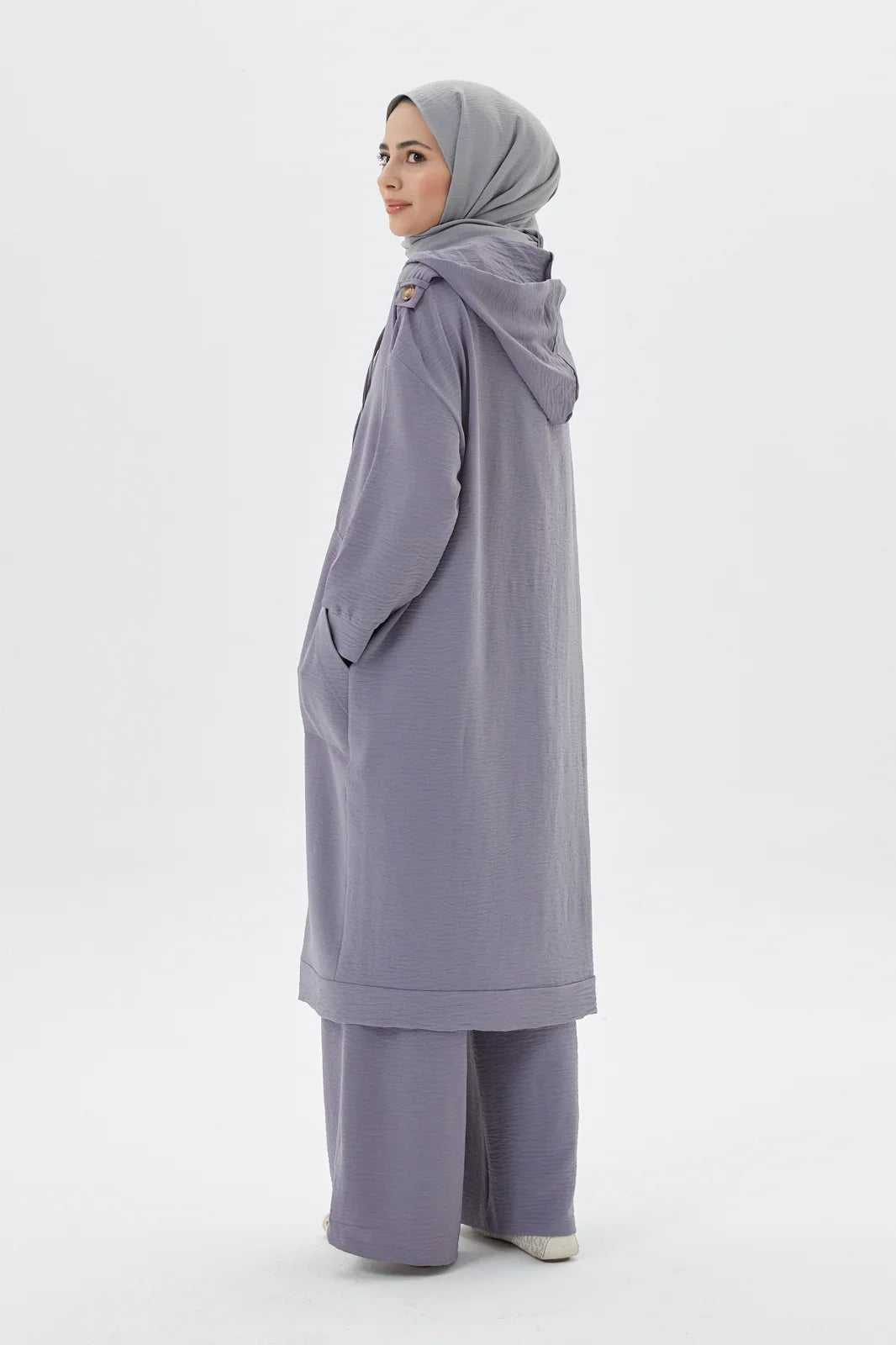 Gray Zippered Full Abaya Set Modest Long Hooded Tunic Set