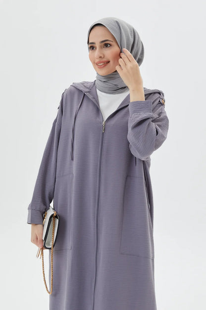 Gray Zippered Full Abaya Set Modest Long Hooded Tunic Set