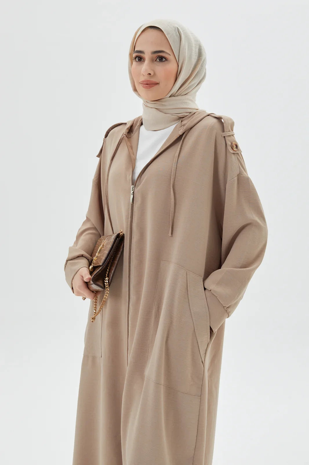 Zippered Mink Modest Abaya Set A Long Hooded Tunic Set