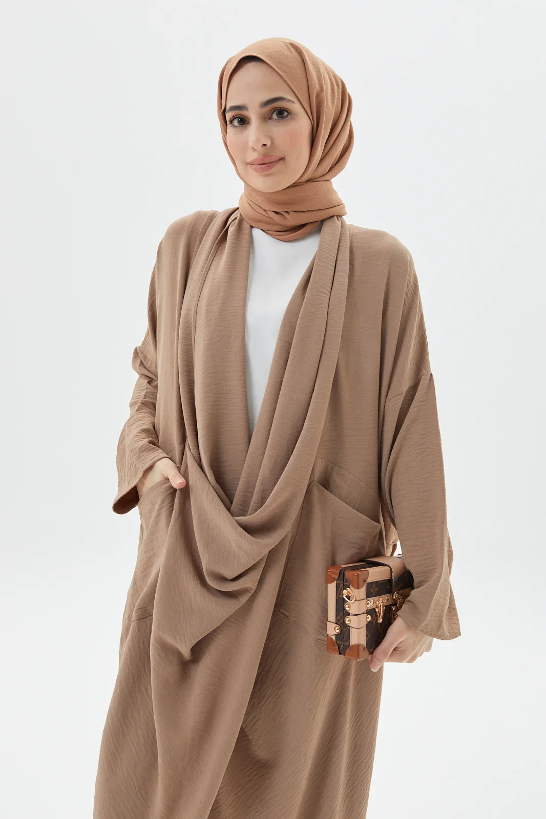 Sandy Brown Cross Abaya Turkista's Exclusive Modest Outfit