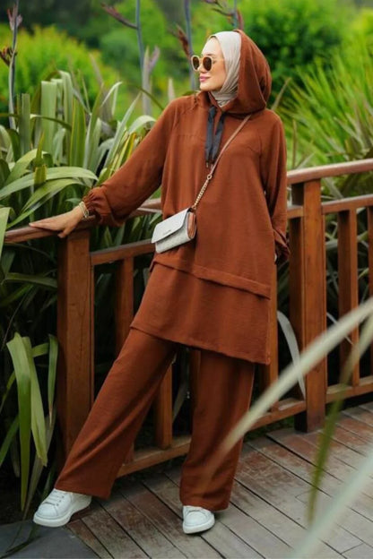 2-Piece Hooded Set Modest Outfit Coffee Brown Abaya Set