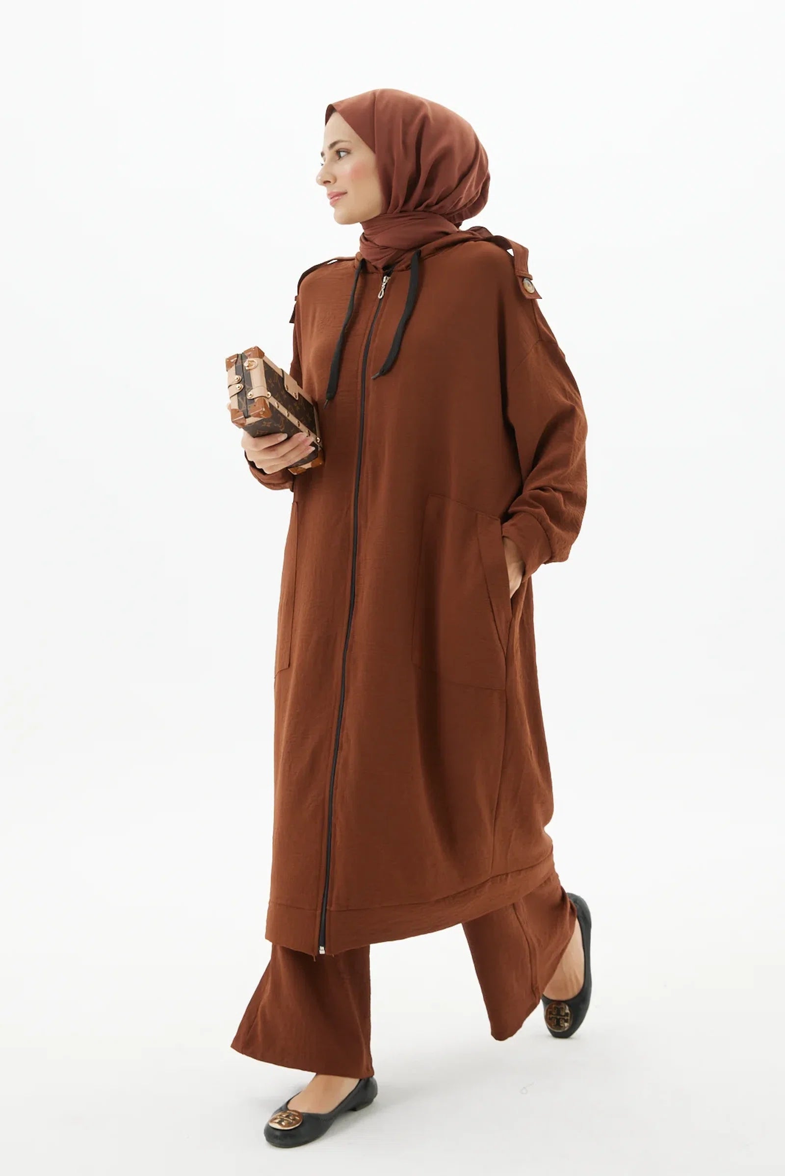 Kahve Zippered Coffee Brown Abaya Full Set Turkista