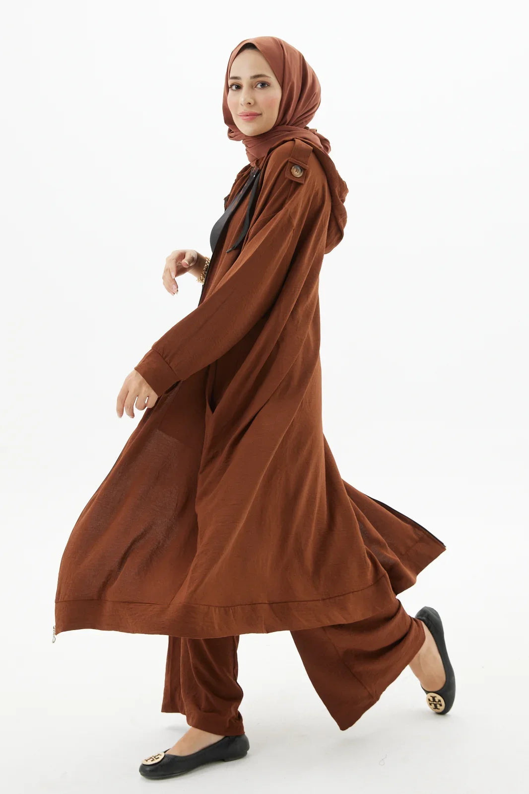 Kahve Zippered Coffee Brown Abaya Full Set Turkista