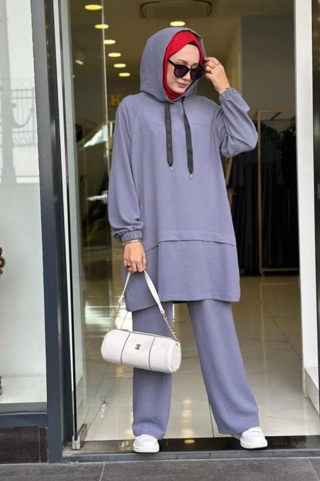 2-Piece Hooded Tunic Set Modest Outfit Grey Abaya Set