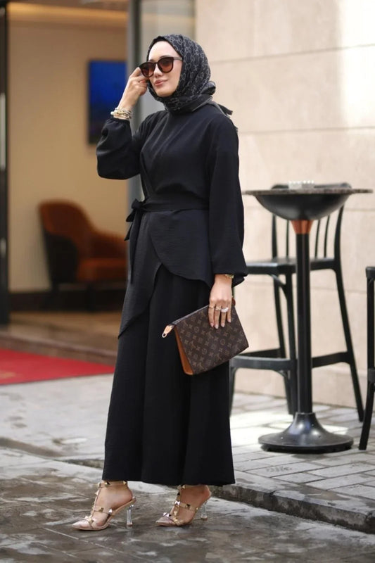 Minel 2-Piece Takim Modest Clothing Black Abaya Set 