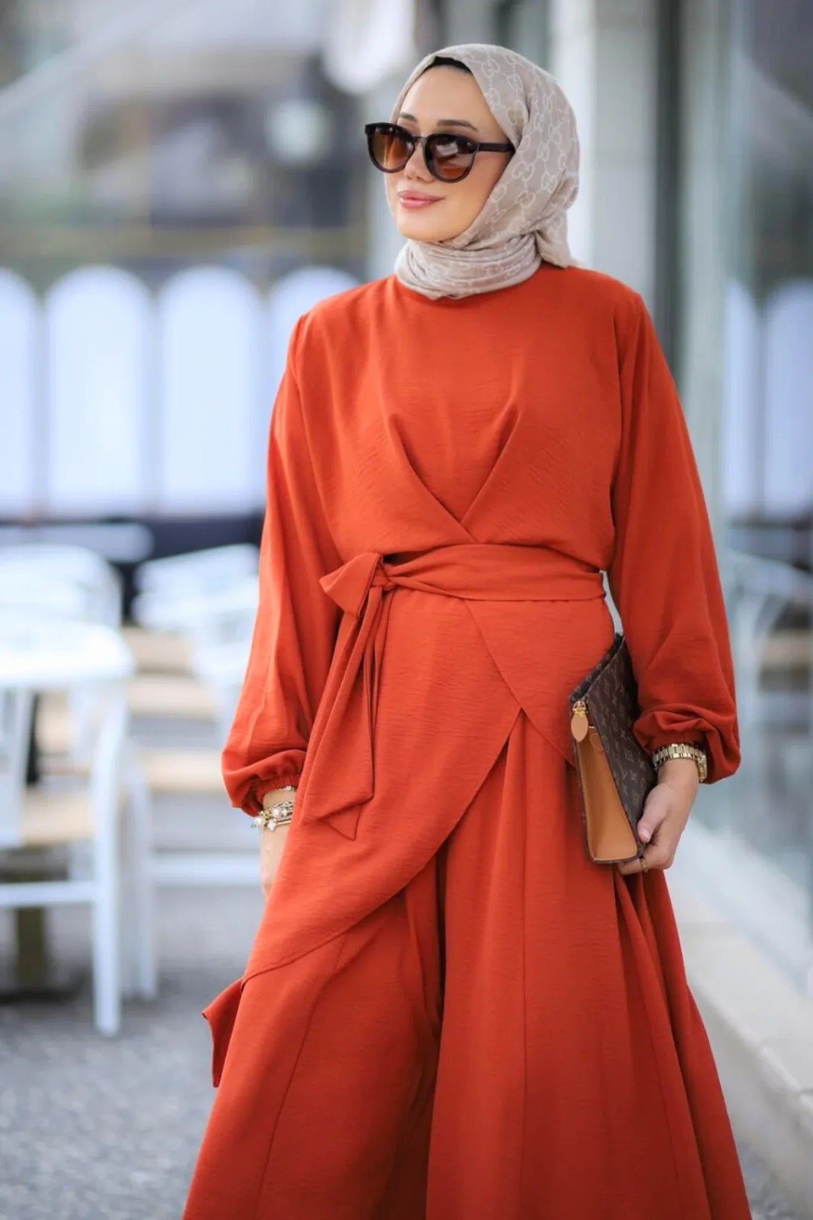 Minel 2-Piece Takim Burnt Orange Modest Dress Abaya Sets