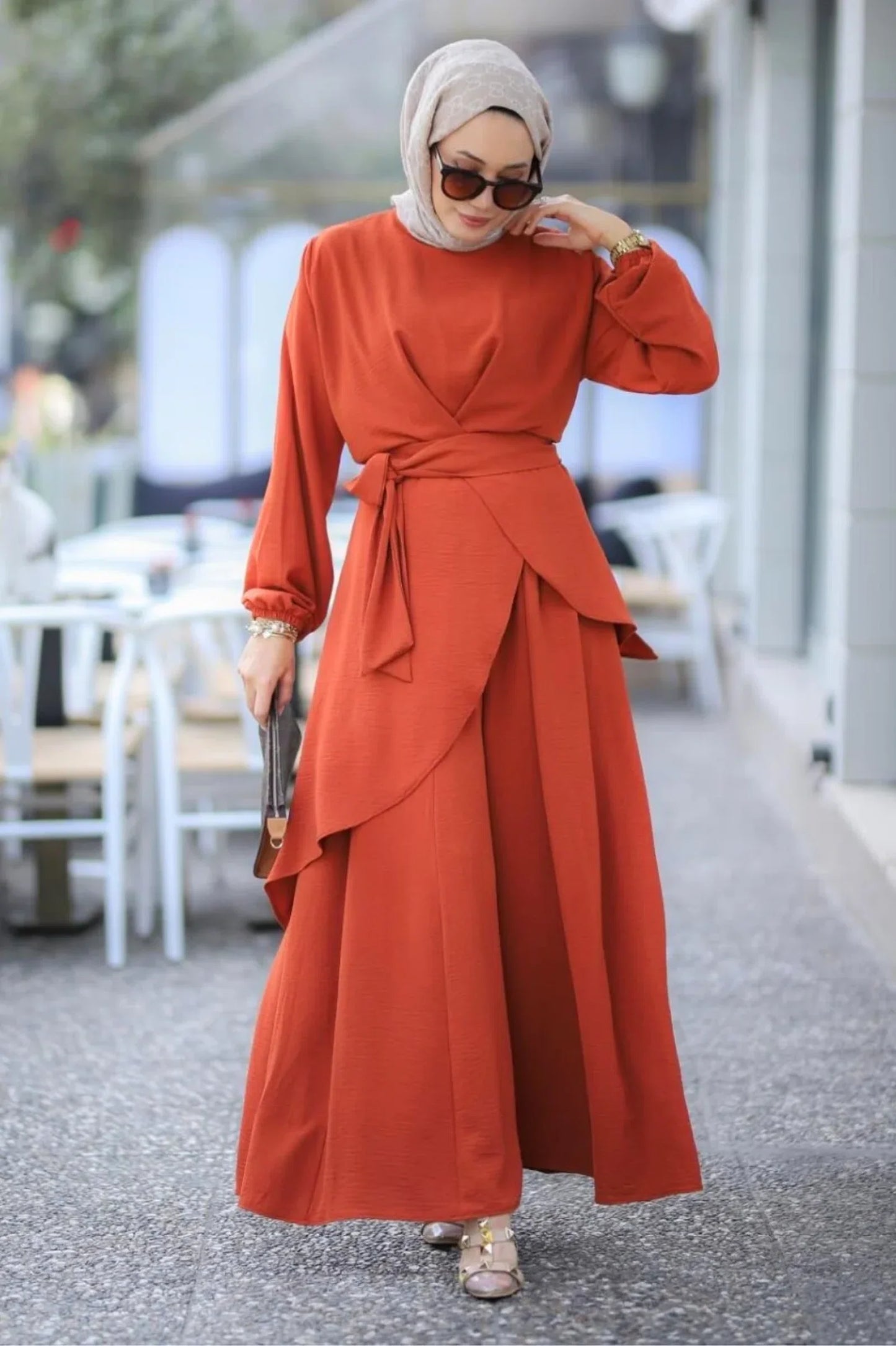 Minel 2-Piece Takim Burnt Orange Modest Dress Abaya Sets