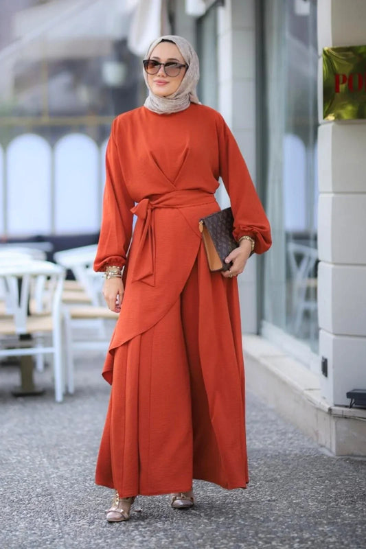 Minel 2-Piece Takim Burnt Orange Modest Dress Abaya Sets