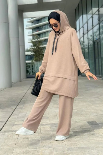 2-Piece Hooded Tunic Set Modest Outfit Light Brown Abaya Set