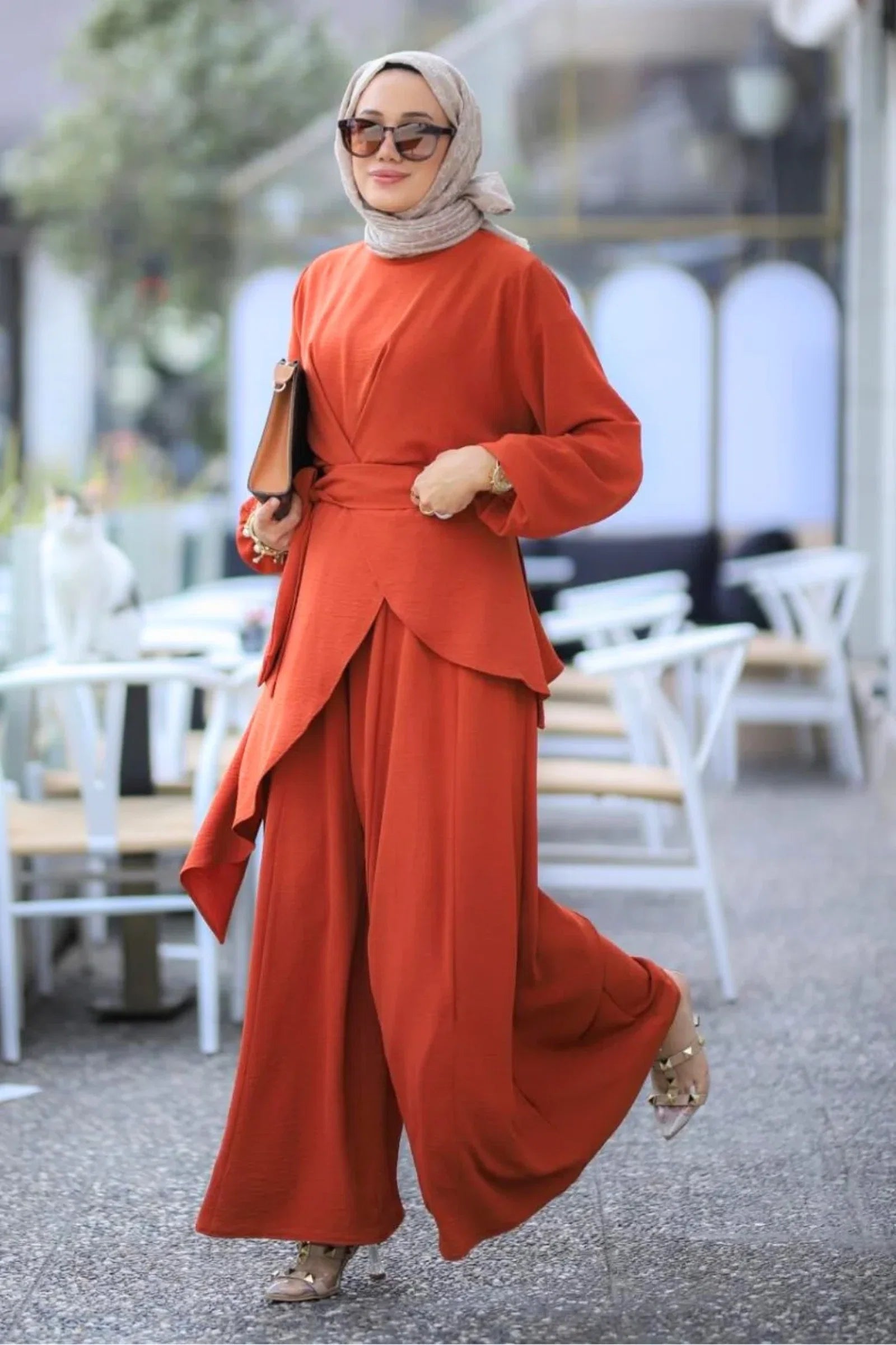 Minel 2-Piece Takim Burnt Orange Modest Dress Abaya Sets