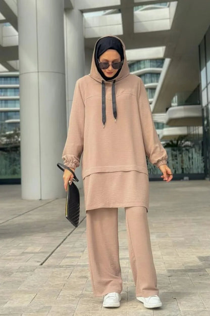 2-Piece Hooded Tunic Set Modest Outfit Light Brown Abaya Set