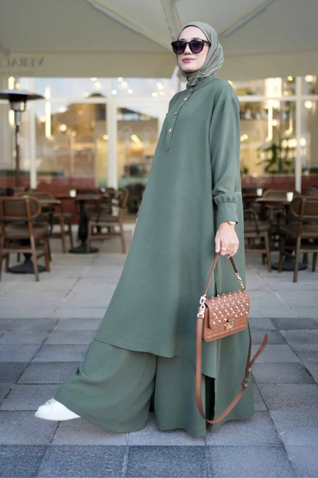 2-Piece Saye Takim Green Abaya Set for Modest Fashion