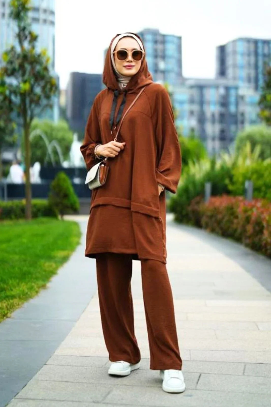 2-Piece Hooded Set Modest Outfit Coffee Brown Abaya Set