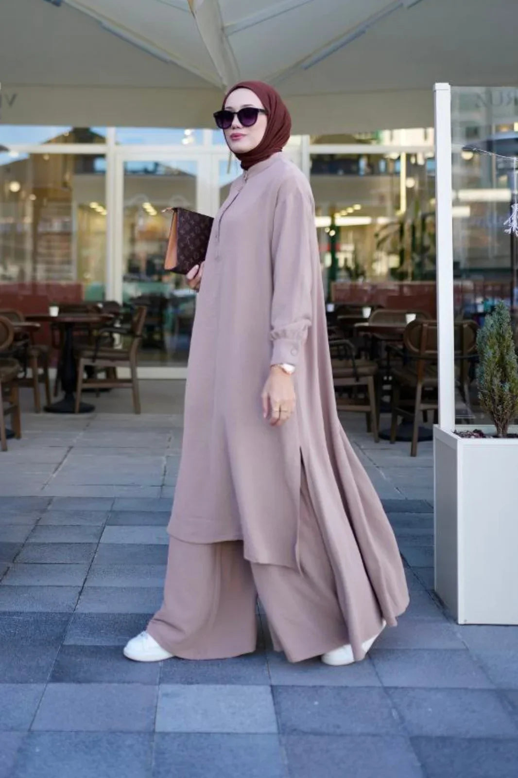 2-Piece Saye Takim Light Brown Modest Outfit Abaya Set