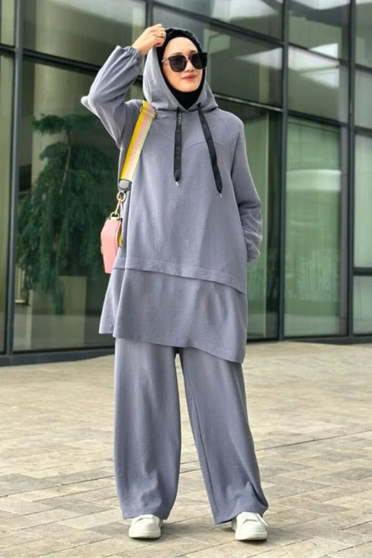 2-Piece Hooded Tunic Set Modest Outfit Grey Abaya Set