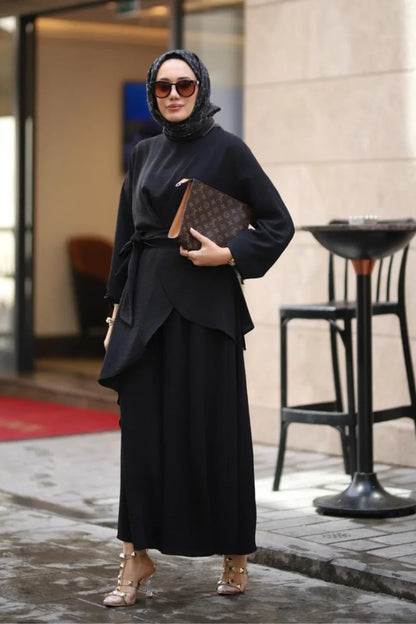 Minel 2-Piece Takim Modest Clothing Black Abaya Set 