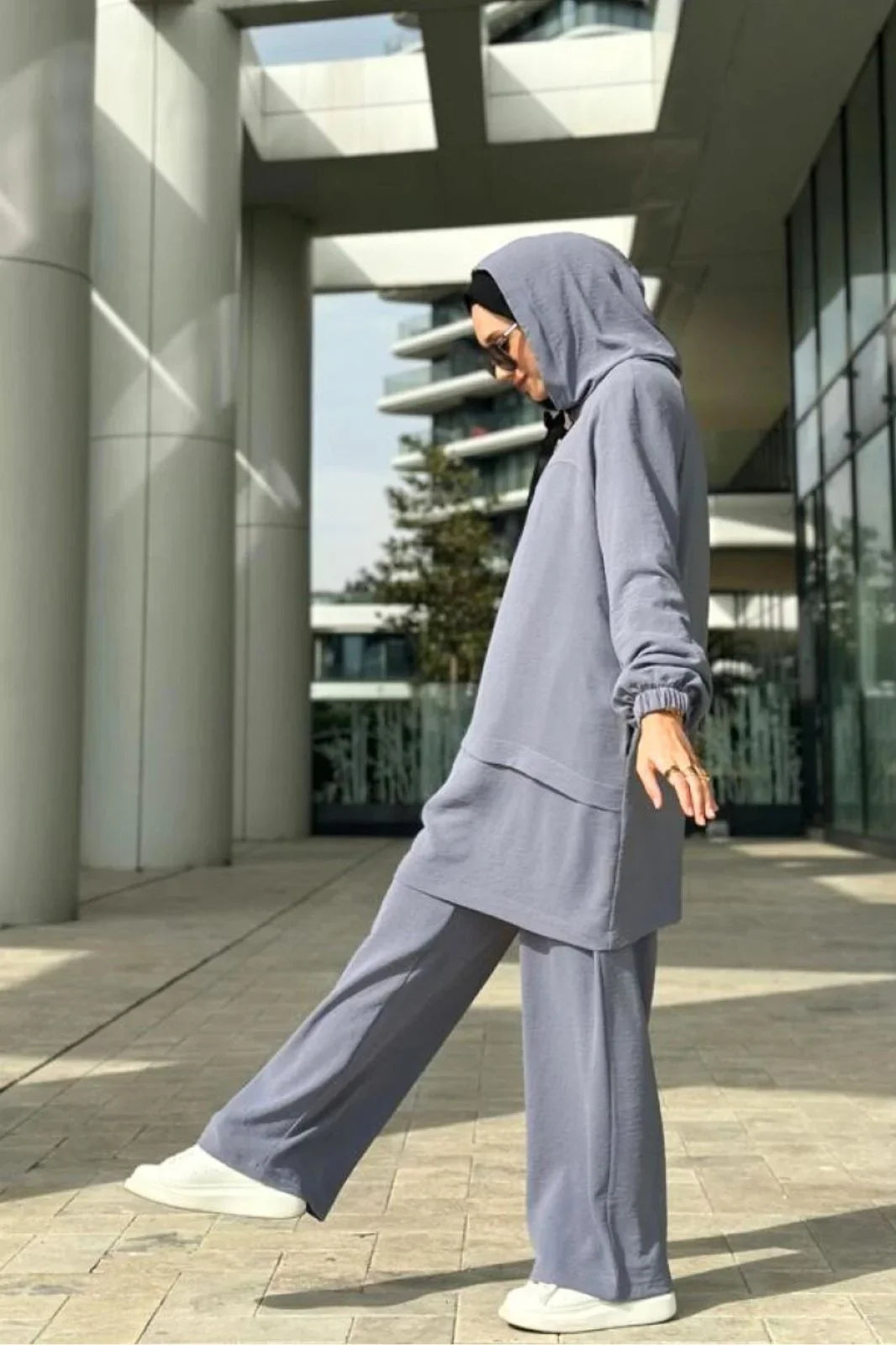 2-Piece Hooded Tunic Set Modest Outfit Grey Abaya Set