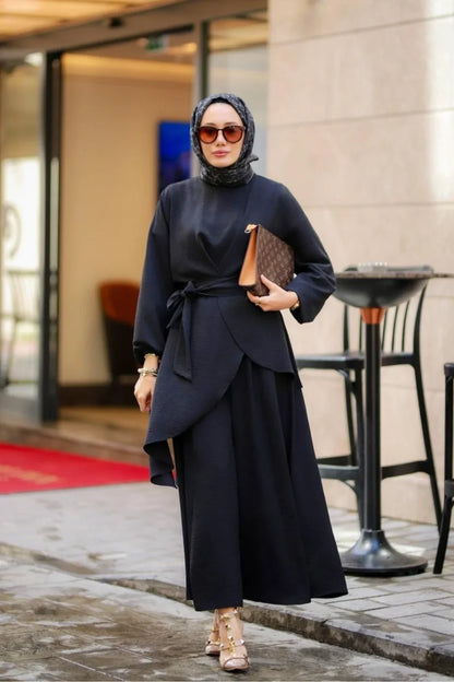 Minel 2-Piece Takim Modest Clothing Black Abaya Set 